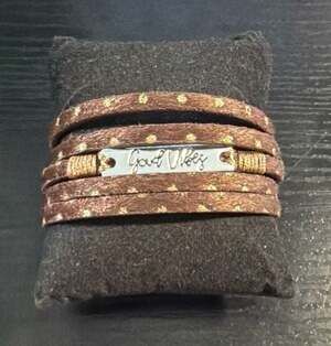 Good Work(s) Good Vibes Brown Leather Wrap Bracelet with Gold Accents
